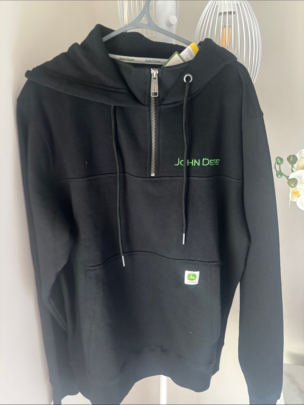 John Deere Black Zip-Up Hoodie with Green Logo